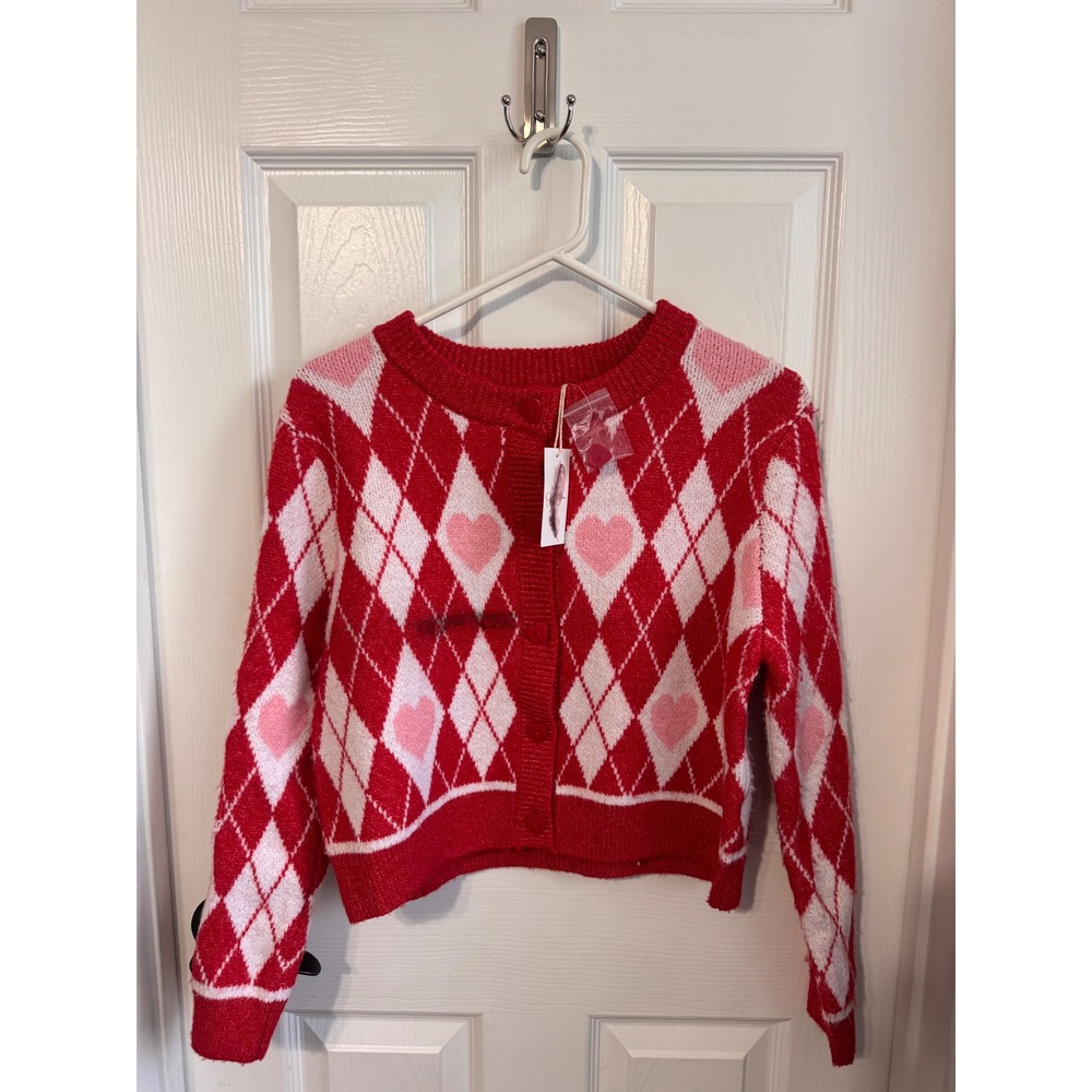 Jessica Simpson Heart Argyle Cardigan Sweater Red Pink White Size S NWT